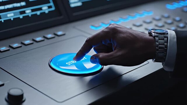 Strategy Button Press - A close-up video of a dark-skinned hand with a silver watch pressing a large, illuminated blue button labeled "Strategy" on a control panel.
