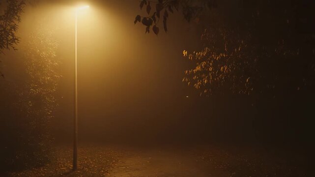 Street lamp casts warm glow over leaf strewn path in dense fog, creating a moody, mysterious autumn night scene of quiet solitude in a park like street setting