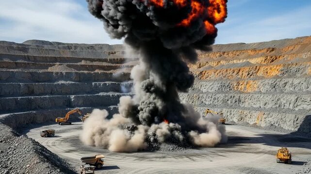 Industrial mining operation showing the sequence of a controlled explosion. A powerful blast in an open pit quarry creates a massive fireball and a large plume of dark smoke
