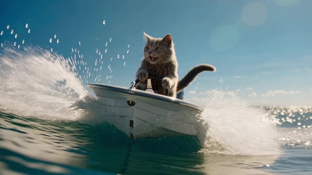 Gray fluffy cat driving a speedboat through ocean waves, splashing water under sunny sky. Concept of humor, adventure, fun, and animal character in dynamic marine scene.