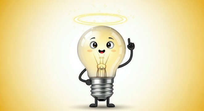 Glowing cartoon incandescent bulb character with halo raises index finger signaling a good thought