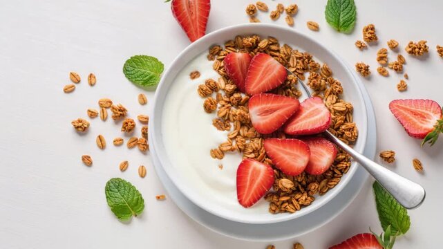 Bowl of yogurt with granola and sliced strawberries, garnished with mint leaves. White wooden background. Concept of healthy breakfast, clean eating, freshness.