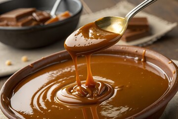 Golden brown liquid caramel sauce slowly drips from a shiny metal spoon back into a rustic brown ceramic bowl filled with rich, thick topping ready for desserts.
