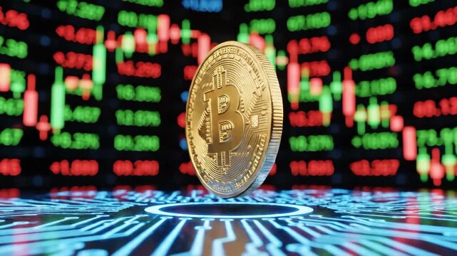 Gold bitcoin coin rotating above digital circuit board. Suitable for cryptocurrency concepts, financial technology visuals, and blockchain related content.