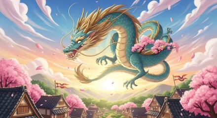 Mythical serpent with golden mane soars above a village during vibrant springtime bloom