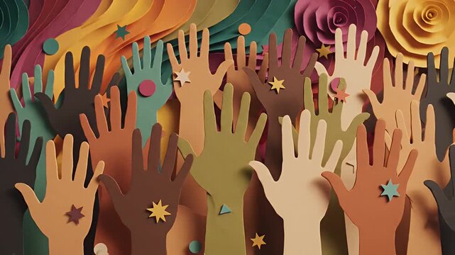 Diverse Hands Paper Art - This colorful artwork features paper-cutout hands of various skin tones raised together.