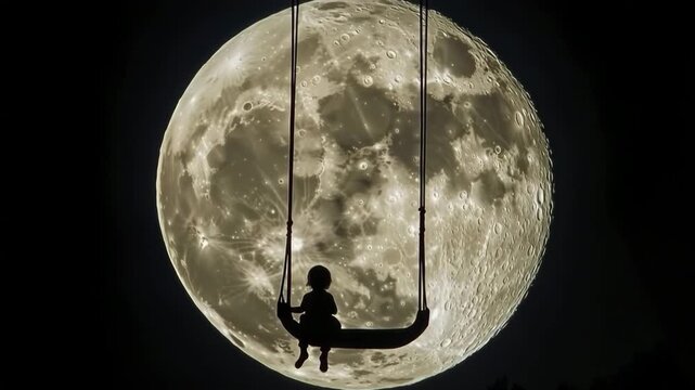 Child on swing gazing at the bright moon in a starry night sky