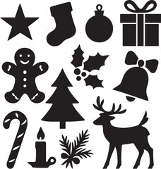 Black silhouette christmas icons set for holiday design