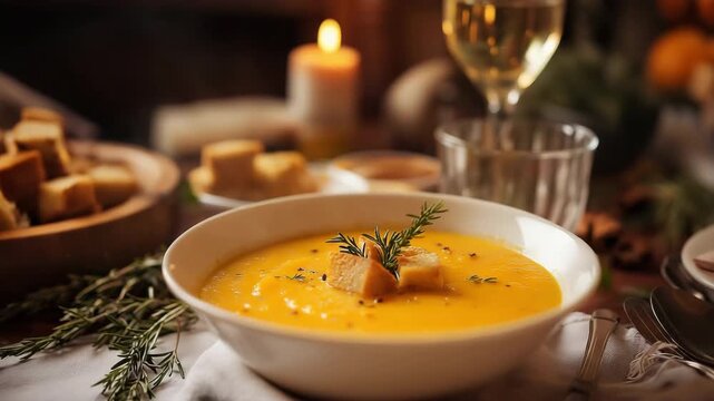 A warm bowl of creamy pumpkin soup, homemade cooking