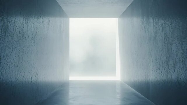 Empty concrete corridor leading towards a bright rectangular opening, revealing a cloudy sky and symbolizing a new journey, emerging possibilities, or an unknown future