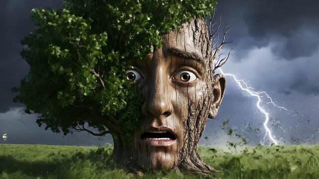 Tree Man Horror - An artistic video of a man whose head and face are made of bark, with a tree and leaves for hair, expressing shock and fear.