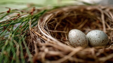 Two speckled bird eggs nestled in a natural bird nest. Symbol of new life and growth for spring and Easter.