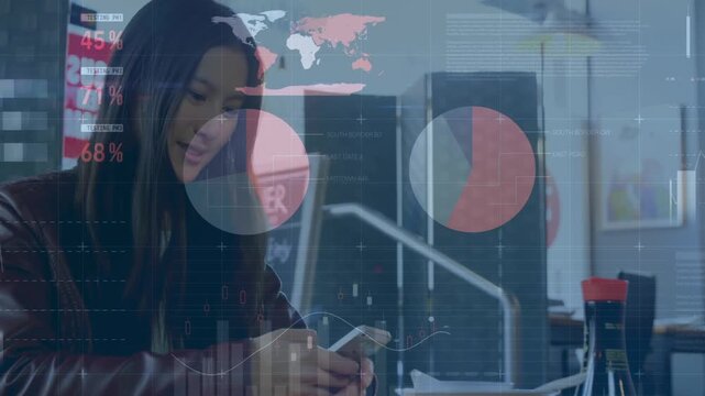 Animation of graphs, charts and database moving over asian woman using smartphone in coffee shop
