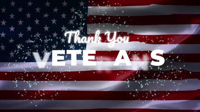 Thank you Veterans and Honoring all who served animation text with a waving American flag in the background. Happy Veterans Day animated text for veterans day greetings, opening video, etc.