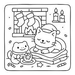 Obraz na płótnie Canvas A cozy winter scene featuring a sleeping cat and a playful bear cub near a fireplace, surrounded by festive decorations.