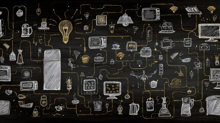 Hand drawn internet of things concept with household appliances connected by lines on a blackboard. Smart home technology idea.