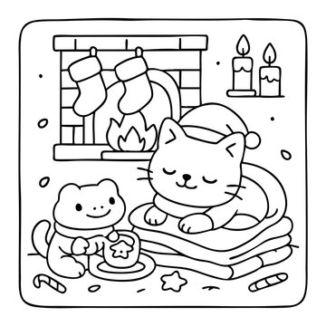 A cozy winter scene featuring a sleeping cat and a playful bear cub near a fireplace, surrounded by festive decorations.