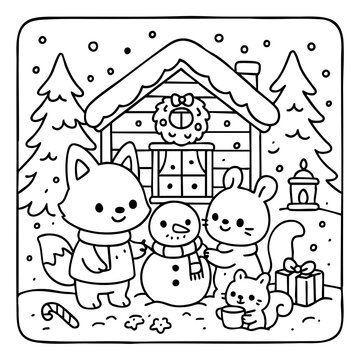 A whimsical winter scene featuring cute animals building a snowman in front of a cozy cabin, surrounded by festive trees and holiday decorations.