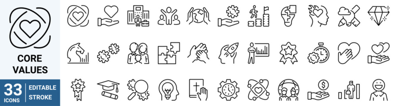 Core values web line icons. Integrity, Empathy and Strategy. Vision, Social Responsibility, Commitment, Environmentalism icons. Personal Growth, Innovation.