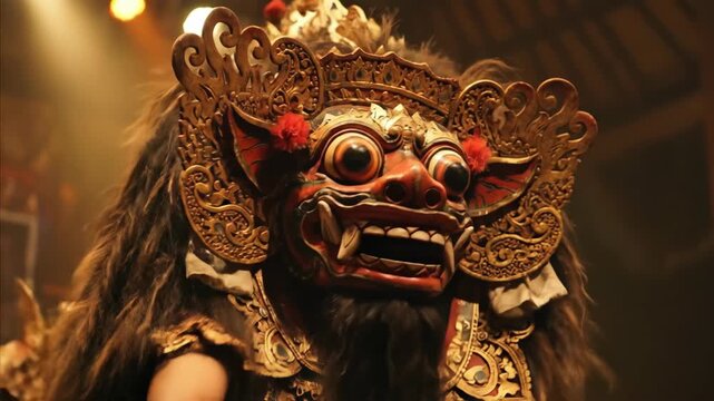 Barong mask dance performance in Bali. Traditional Indonesian culture and theatrical art with expressive movement.