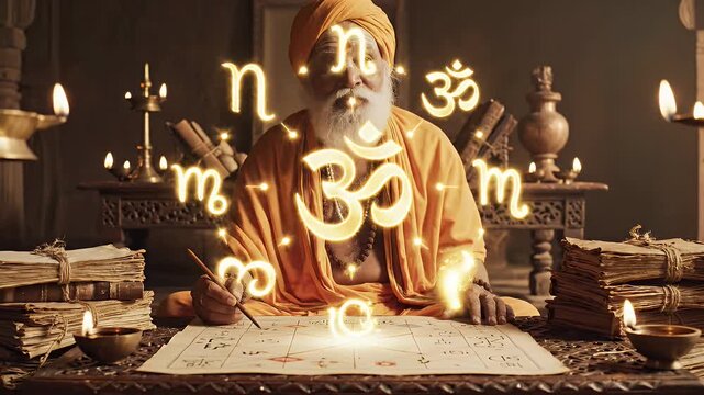 Astrologer at work with Hindu symbols - video displays an astrologer analyzing a chart with Hindu symbols around him.