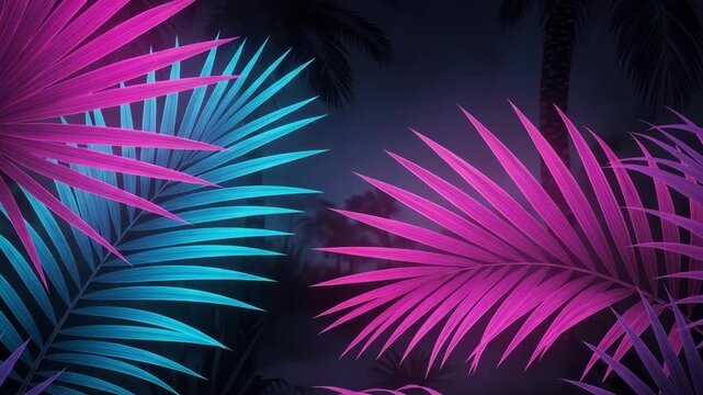 Futuristic tropical jungle with glowing neon palm fronds in vibrant magenta and cyan colors. Retrowave inspired seamless pattern for a creative website header or wallpaper