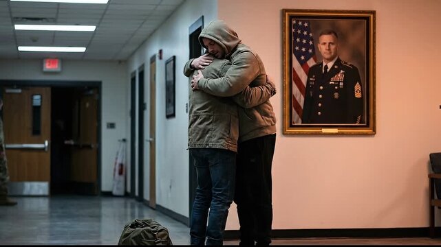Emotional Couple Reunion Hug in Hallway