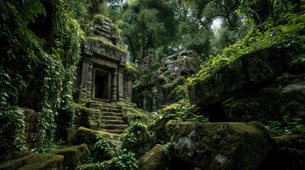Fototapeta premium Ancient Ruins Hidden in Jungle Forest