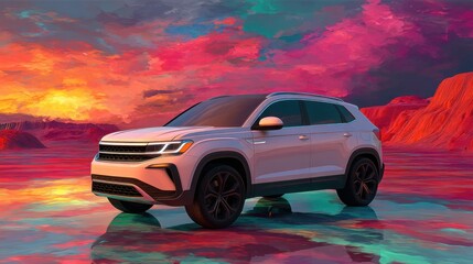 Naklejka premium White SUV in surreal landscape with vibrant sky. Modern vehicle transport in abstract desert environment. Ideal for automotive advertisement.