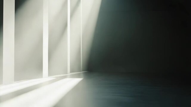 Light rays entering a dark, empty room, creating strong contrasts and a dramatic, mysterious atmosphere on the concrete floor, symbolizing hope, future, and opportunity