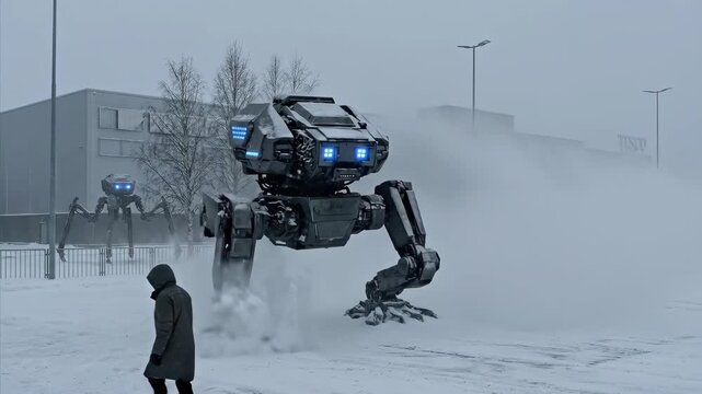 Giant blue mecha robot approaches hooded figure in snowy futuristic city. Sci-fi mechanical walker invades winter urban landscape with glowing mechanical beasts