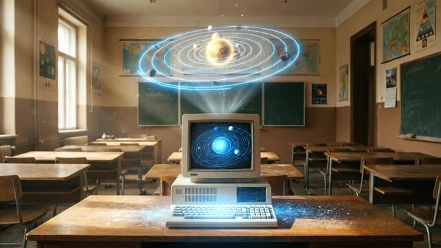 Classroom computer projecting holographic planet with rings. Sci-fi visualization of space orb emerging from old monitor. Educational digital display of cosmic exploration concept.