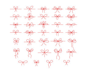 Fototapeta premium Line gift red bow. Hand drawn ribbon with knot, rope frame doodle. Minimal holiday present box decoration. Modern outline simple thin string for birthday and Christmas package. Vector isolated set.