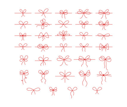 Line gift red bow. Hand drawn ribbon with knot, rope frame doodle. Minimal holiday present box decoration. Modern outline simple thin string for birthday and Christmas package. Vector isolated set.