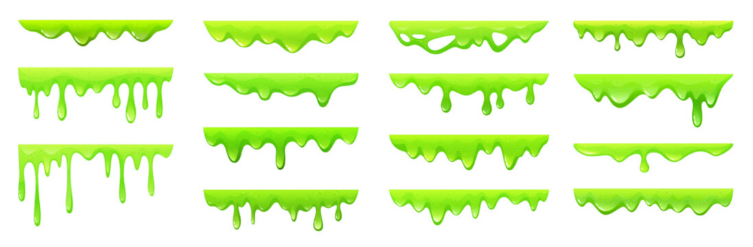 Slimy green goo and bright ooze drip or vector clip art set with gloss. Wet gloop and thick blob with pop art for game or toon badge. Bold sludge splash and gross stain frame with glow and slick edge.