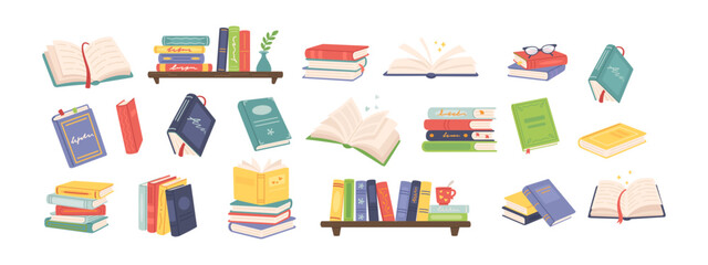 Books, cute open school textbook. Flat colorful notebook stack, pile 2d set. Cartoon bookstore and library, literature and dictionary, education and reading concept. Paper book vector isolated set © Ukio.stock