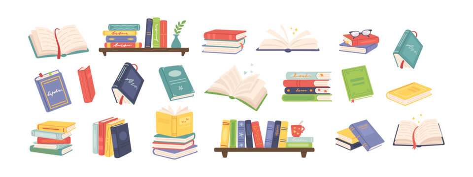 Books, cute open school textbook. Flat colorful notebook stack, pile 2d set. Cartoon bookstore and library, literature and dictionary, education and reading concept. Paper book vector isolated set