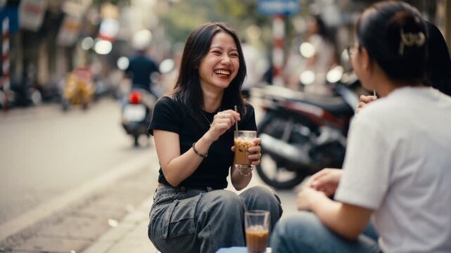 Happy young Asian women sitting on small plastic stools on a city sidewalk and laughing while drinking iced coffee, friendship and urban lifestyle in a busy street environment