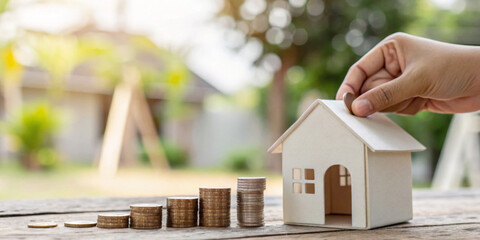 Investment concept in real estate with a hand placing a coin on a white paper house next to a pile of coins