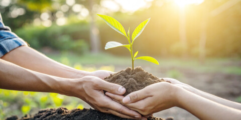 Environmental conservation. Hand planting seeds with the concept of growth and environmental care