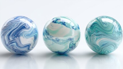 Three spheres with blue and aqua marble pattern on a white background. Abstract fluid art effect for design element or decorative object.