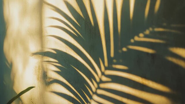 Tropical palm leaf shadow falling on a warm textured wall, creating an organic abstract pattern with soft sun rays illuminating the surface, representing nature and summer light