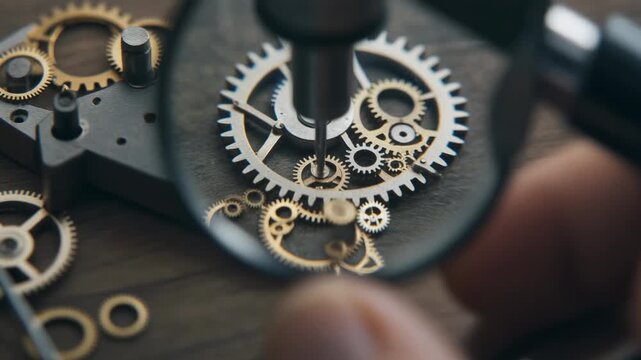 Intricate clockwork mechanism being assembled with precision tools.