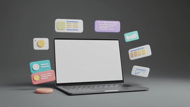 Laptop with floating notification icons and blank screen on gray background.
