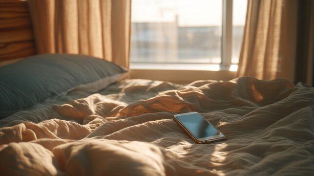 Smartphone laying on bed in bright early morning sunlight. Cozy bedroom interior with phone left on wrinkled sheet. Leisure weekend concept.