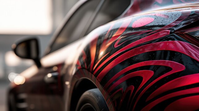 Close up of custom car wrap design on a vehicle fender. Automotive customization concept with modern graphics and colorful abstract pattern.