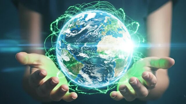Hands holding a glowing Earth globe with interconnected green energy lines, symbolizing global connectivity.