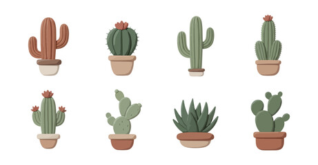 Collection of stylized potted cactus plants on black background