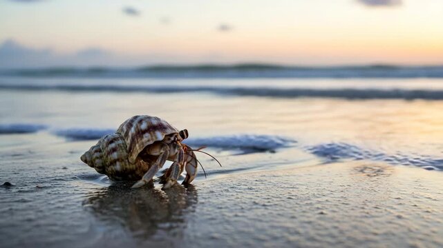 Close up of a hermit crab on a wet sandy shore with gentle waves at sunset. A small crustacean carries its shell along the beach. Concept for marine life, coastal travel and nature