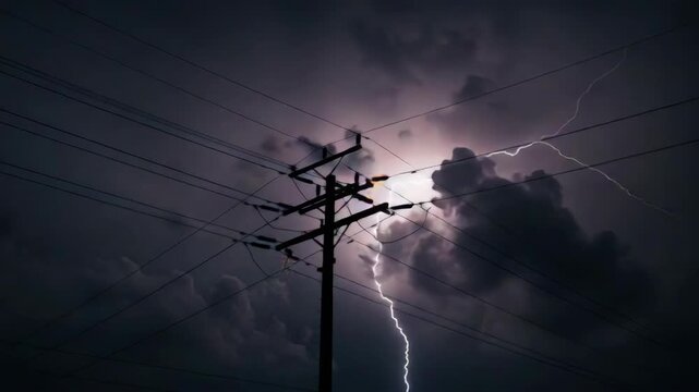 Dramatic Lightning Strikes Electrical Power Pole During Night Storm with Silhouetted Birds Against Black Sky in Outdoor Setting